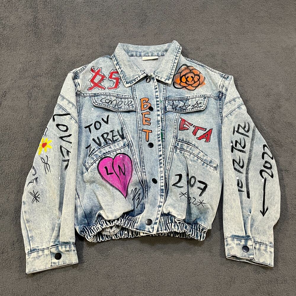 Classic Blue Jeans Graffiti Light Acid Wash Denim Bomber Jacket Women's Size L